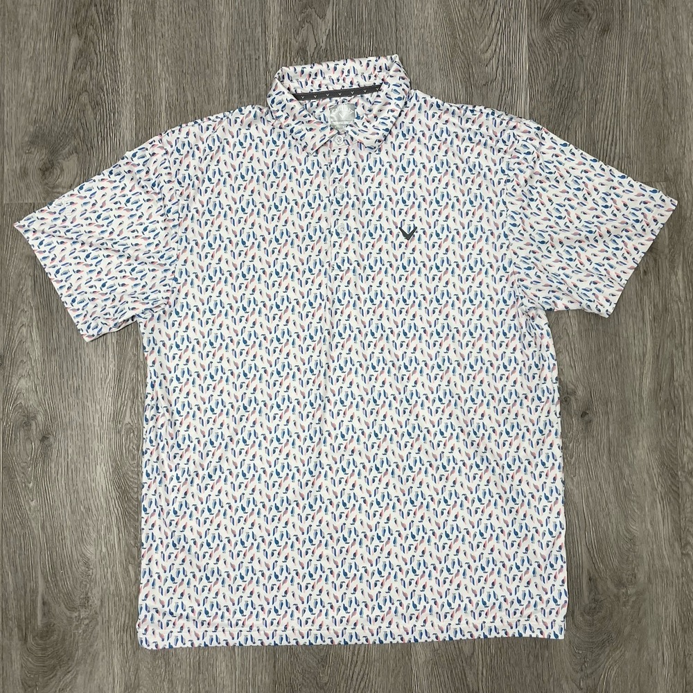 Callaway Polo Shirt Mens Large White Opti Dri Parrot All Over Print Golf Perform